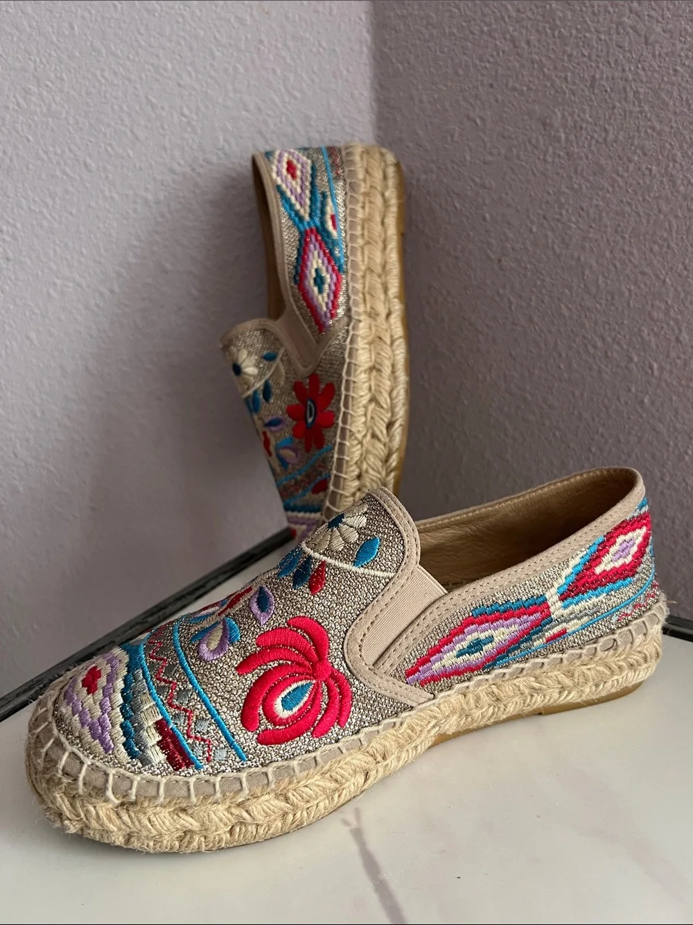 Johnny Was Metallic Embroidered Espadrille Slip-On in Gold w colorful Accents.